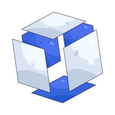 Patlamış küp görünümü, yapıyı ve montajı ortaya çıkarmak için ayrılan bir küpün iç bileşenlerini gösterir.