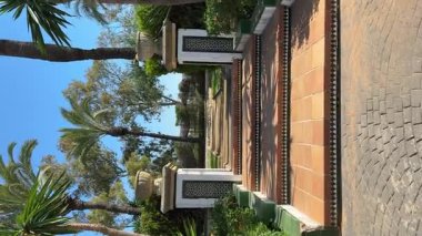 Güneşli bir tatil köyünde palmiye ağaçları ve taş patika.