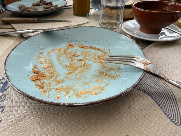 a dirty blue plate with a fork after a meal on a restaurant table