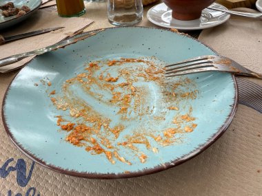 Yemekten sonra restoranın masasında yemek artıkları ve çatal bıçak takımı olan boş bir tabak.