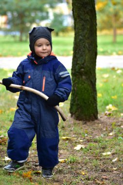 Sıcak mavi tulumlu gülen çocuk, sonbahar parkında dışarıda oynarken elinde sopa tutuyor. Mutlu çocuk ağaçlar ve düşen yapraklar arasında doğayı keşfetmekten hoşlanıyor..