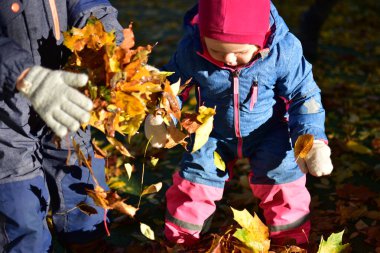 Renkli tulumlu iki bebek birlikte oynuyorlar. Güzel bir sonbahar gününde, açık hava eğlencesi ve arkadaşlığın tadını çıkarıyorlar..