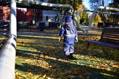 Mavi kar giysili küçük çocuk sonbahar çocuk parkında yürüyor. Sarı yapraklarla kaplı, ılık güneş ışığında huzurlu bir şekilde dışarıda vakit geçiriyor..