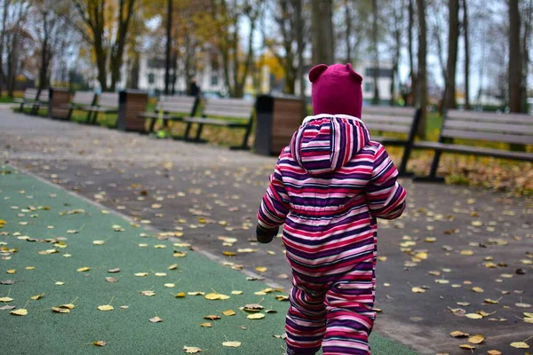 Çizgili bir kar elbisesi içinde, sonbahar yapraklarıyla kaplı bir parkta yürüyen anonim bir çocuk. Banklar, ağaçlar ve yumuşak ışık mevsimsel renklerle dolu huzurlu bir çocukluk sahnesi yaratır..