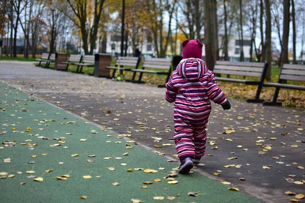 Çizgili bir kar elbisesi içinde, sonbahar yapraklarıyla kaplı bir parkta yürüyen anonim bir çocuk. Banklar, ağaçlar ve yumuşak ışık mevsimsel renklerle dolu huzurlu bir çocukluk sahnesi yaratır..
