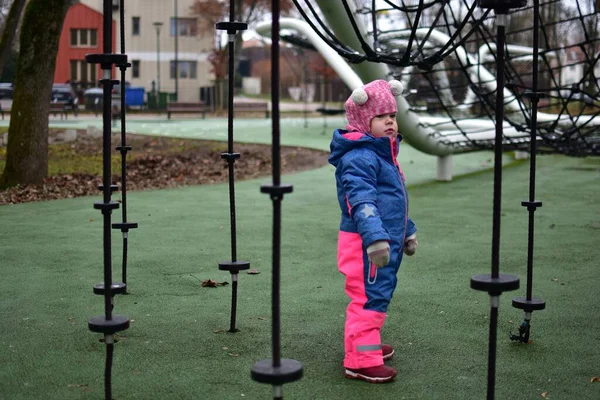 Sonbahar parkında ipe tırmanmış, parlak kışlık giysiler giymiş küçük bir kız. Modern oyun sahasında küçük çocuklar için açık hava aktivitesi, denge ve koordinasyon gelişimi.