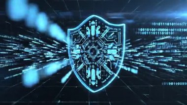 4K çözünürlüklü dijital verileri koruyan gelecekçi siber güvenlik kalkanı, holografik görseller ve modern teknoloji kavramları için temiz animasyonlar içeriyor.