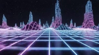 4K kalitesinde siber punk dijital ızgara manzarası, parlayan neon çizgiler, sanal arazi ve bilim kurgu görselleri için düz hareket.