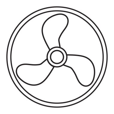 A minimalist black and white illustration of a circular fan with three curved blades and a central hub.