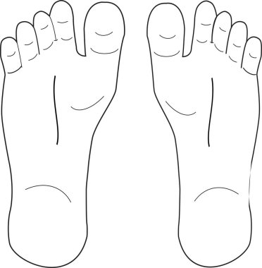 A minimalist line art illustration of two bare human feet, viewed from above, with clearly defined toes and soles.