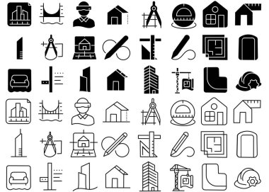 İnşaat Mühendisliği Hat Simgesi Paketi. Turna, Köprü, Miğfer, Alan Planı ve Şehir Altyapı Elementleri.