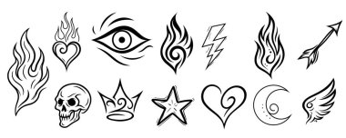 Ateş ve Kafatası Dövmeleri Tasarımı. Kabile Sanatı, Kalbi ve Sembolik Simgeler. Düzenlenebilir Çizim Ayarları.