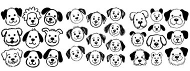 Gevşek karalama tarzında çizilmiş komik köpek suratlı çizgi filmler, çocuksu taslak çizimleri olan sevimli köpek kafası çizimleri..