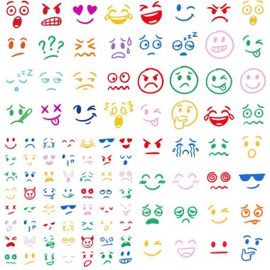 Yüz İfadesi Emoji Set Oyuncu El Çizimi Doodle Simgeleri.