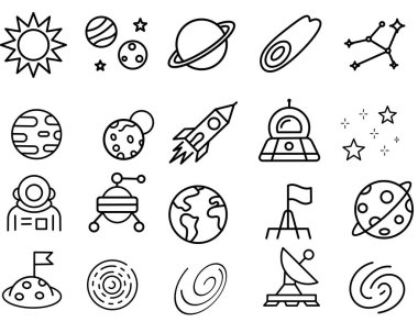 Astronomi Hattı Simge Koleksiyonu. Uzay Bilimi ve Evren Sembolleri.