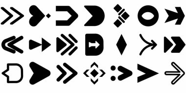 Geometrik ok mermileri ikon paketi. Katı biçimde en az yön, yön bulma ve imleç simgeleri.