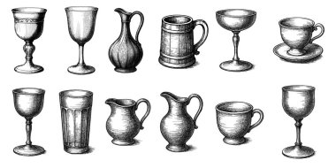 Eski tarz içki takımı, çizgili cam, geleneksel bardaklar, eski tip sürahi, siyah hatlar..