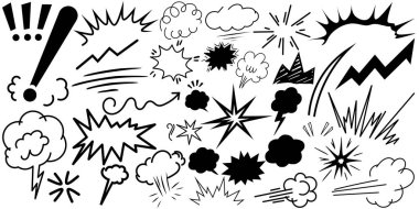 El Çizimi Çizimi Çizgi Roman Patlaması ve Ses Efekti Simgeleri Boom, Bang, Pop Doodle Set.