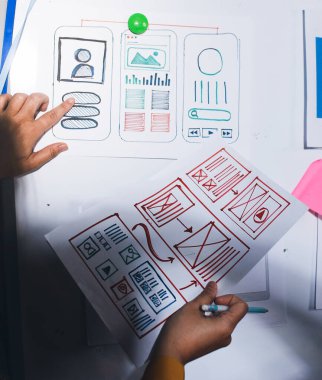 UI UX web tasarımcılarından oluşan takım UI UX ön tasarım önizlemeleri, UI UX web geliştirme fikirleri ve ön uç tasarımcı ile mobil yanıt veren web siteleri geliştirmek için birlikte çalışıyor. uygulama geliştirme