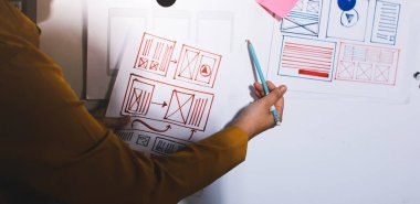 UI UX web tasarımcılarından oluşan takım UI UX ön tasarım önizlemeleri, UI UX web geliştirme fikirleri ve ön uç tasarımcı ile mobil yanıt veren web siteleri geliştirmek için birlikte çalışıyor. uygulama geliştirme