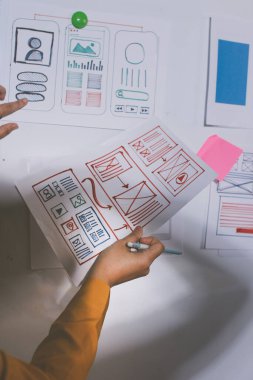 UI UX web tasarımcılarından oluşan takım UI UX ön tasarım önizlemeleri, UI UX web geliştirme fikirleri ve ön uç tasarımcı ile mobil yanıt veren web siteleri geliştirmek için birlikte çalışıyor. uygulama geliştirme