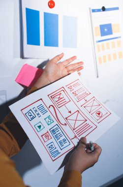 UI UX web tasarımcılarından oluşan takım UI UX ön tasarım önizlemeleri, UI UX web geliştirme fikirleri ve ön uç tasarımcı ile mobil yanıt veren web siteleri geliştirmek için birlikte çalışıyor. uygulama geliştirme