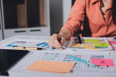 UI UX web tasarımcısı ekibi UI UX ön uç tasarımcısı önizlemeleri ile mobil yanıt veren web siteleri geliştirmek için birlikte çalışıyor