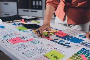 UI UX web tasarımcısı ekibi UI UX ön uç tasarımcısı önizlemeleri ile mobil yanıt veren web siteleri geliştirmek için birlikte çalışıyor