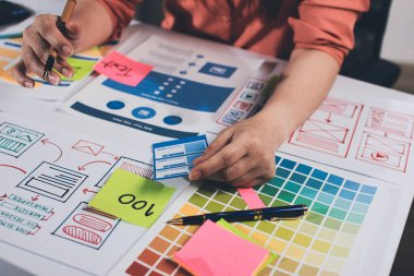 UI UX web tasarımcısı ekibi UI UX ön uç tasarımcısı önizlemeleri ile mobil yanıt veren web siteleri geliştirmek için birlikte çalışıyor