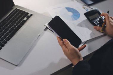 Modern ofiste işbirliği yapan denetçiler, finansal belgeleri analiz ediyorlar ve çizelgeleri gösteren bir dizüstü bilgisayarla hesap makinesi kullanıyorlar. Ticarette denetim ve vergiler