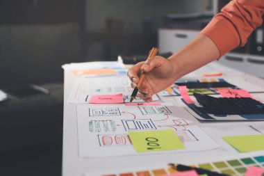 UI UX web tasarımcısı ekibi UI UX ön uç tasarımcısı önizlemeleri ile mobil yanıt veren web siteleri geliştirmek için birlikte çalışıyor