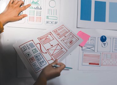 UI UX web tasarımcılarından oluşan takım UI UX ön tasarım önizlemeleri, UI UX web geliştirme fikirleri ve ön uç tasarımcı ile mobil yanıt veren web siteleri geliştirmek için birlikte çalışıyor. uygulama geliştirme