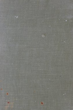 Antika kitabın arka kapağı gri-yeşil tonda, eskimiş dokusu, koyu lekeleri ve solmuş bölgeleri beyaz ipliklerin gösterdiği, yukarıdan yakalanan ağır yaşlı dikey yüzeyi..