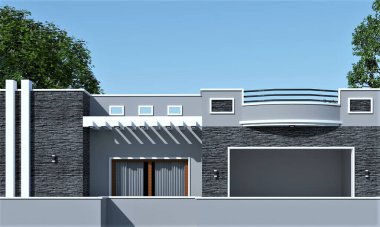 Yüzme havuzu ve balkonu olan modern bir ev.