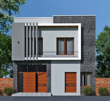 Kapısı olan modern bir ev. 3d oluşturma.