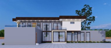 Modern apartman dış görünüşü 3 boyutlu.