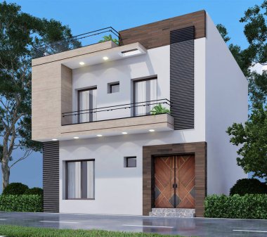 Güzel bahçeli modern bir ev. 3d oluşturma.