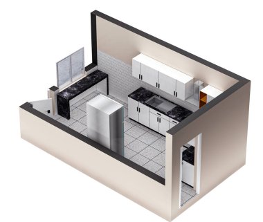 Mobilyalı mutfak, 3 boyutlu tasarım.