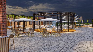 3 boyutlu modern kafe ve teras görüntüsü gece görüşlü.