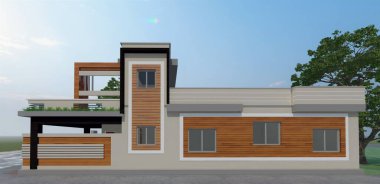 Ormandaki modern bir evin 3 boyutlu görüntüsü.