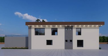 Bahçedeki modern bir evin 3 boyutlu görüntüsü.