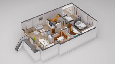 Dairedeki oturma odasının 3 boyutlu görüntüsü.