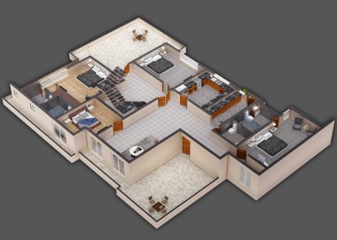 Modern oturma odası, iç mekan, mutfak.