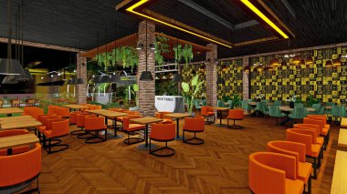 Restoranın iç tasarımının 3D görüntülemesi