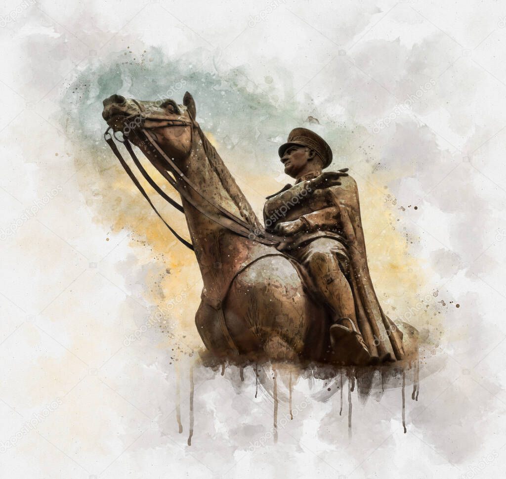 Watercolor illustration of nronze memorial statue of Mustafa Kemal Ataturk on his horse, the founder of the Republic of Turkey, over the sunset sky.