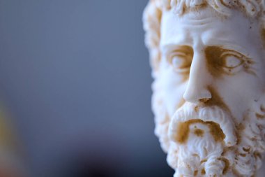 Sakallı ve derin düşüncelere dalmış klasik bir erkek mermer heykelinin yan profili