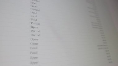 Finansal kayıtları, ödeme durumlarını ve çoklu para birimi verilerini gösteren bir ekranın yakın çekim videosu