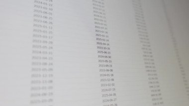 Finansal verileri, bütçe listelerini ve tarihleri gösteren bir bilgisayar ekranının aşırı yakın plan görüntüleri