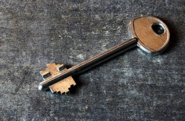 Tek bir antika stil metal anahtar koyu, dokulu bir kırsal yüzey üzerinde yatıyor.