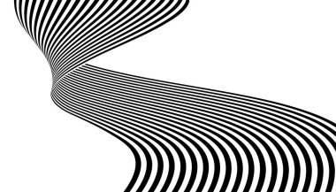 Yüksek kontrastlı siyah-beyaz şeritli kurdele, beyaz arka planda 3 boyutlu spiral şeklinde akıyor.